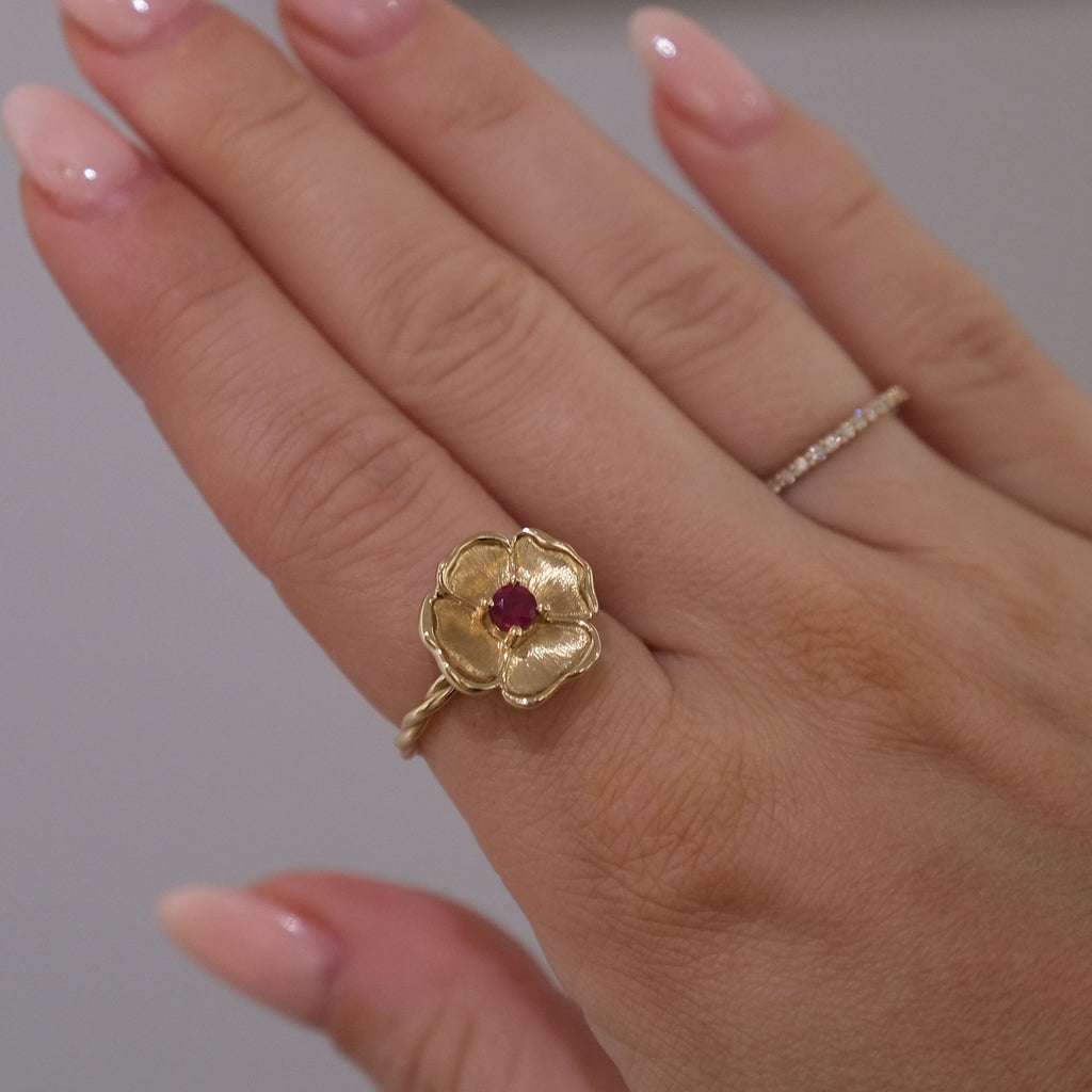 14k Gold Ruby Flower Ring